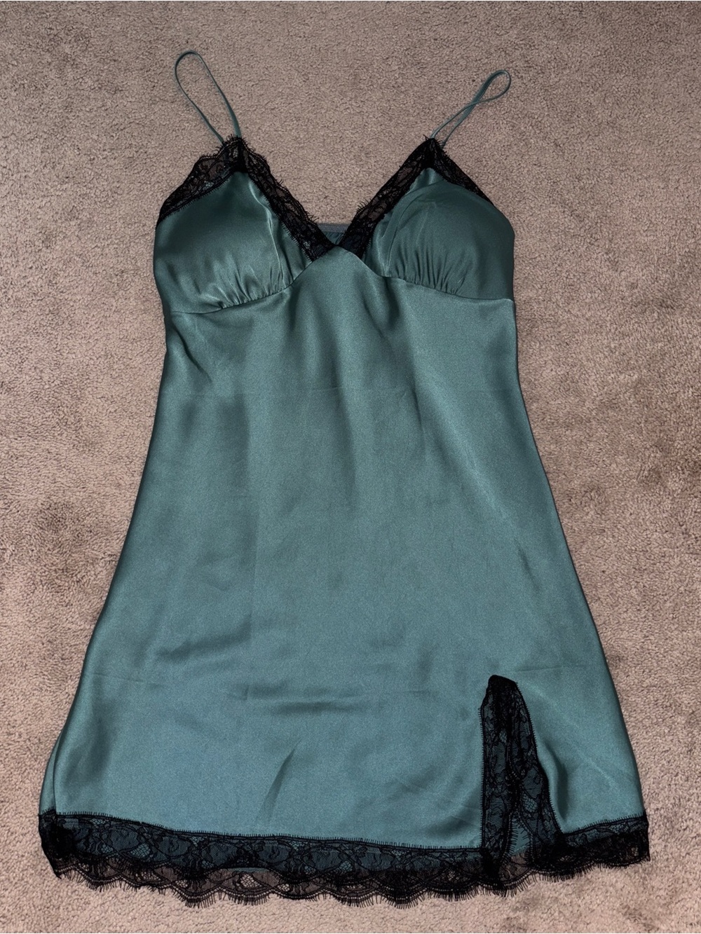 Women’s SHEIN Emerald Green Satin Slip with Black Lace Trim & Shorts Size: M